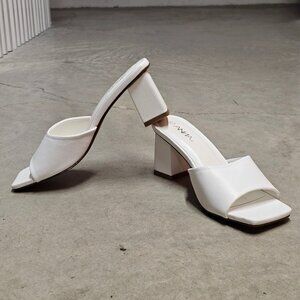 White Block Heel Mules With Open Square Toe Womens Heeled Sandals